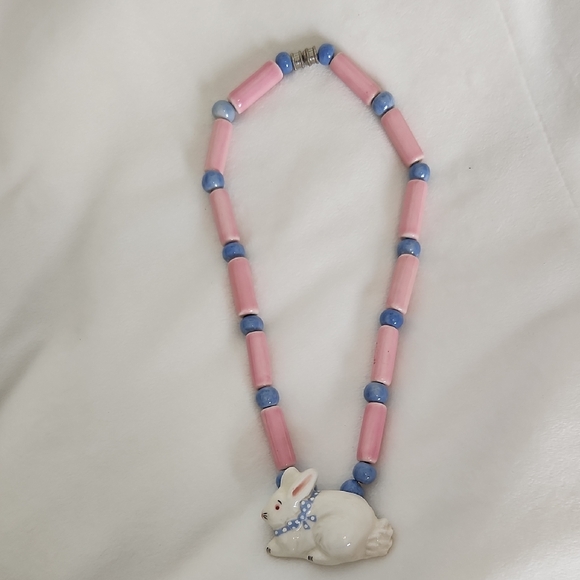 Flying Colors Vintage Ceramic Bunny Necklace Pink Blue Beads Spring Rabbit
